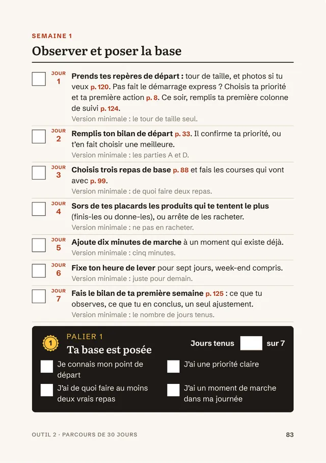 Page du livre : Le parcours : une action par jour, une case à cocher